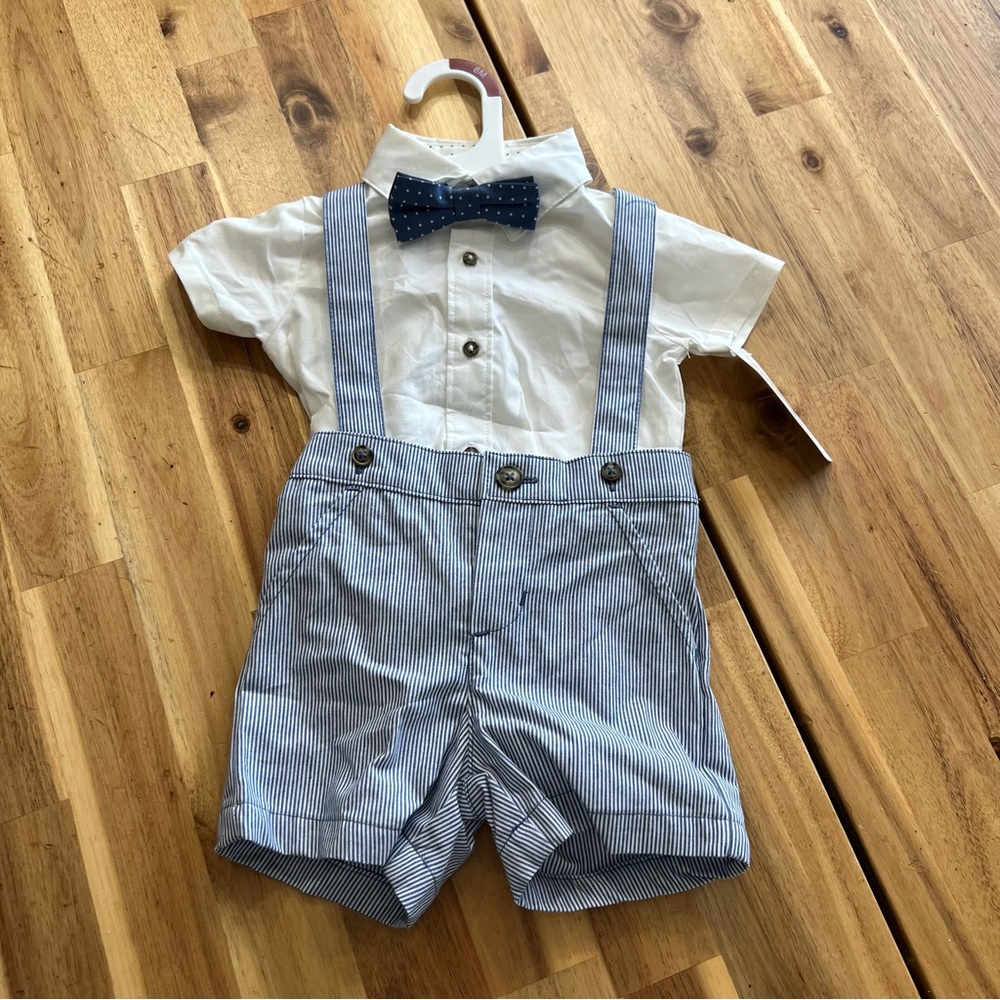 Carter’s Baby Boy Seersucker Suspender Outfit Bow Tie 6 Months NWT